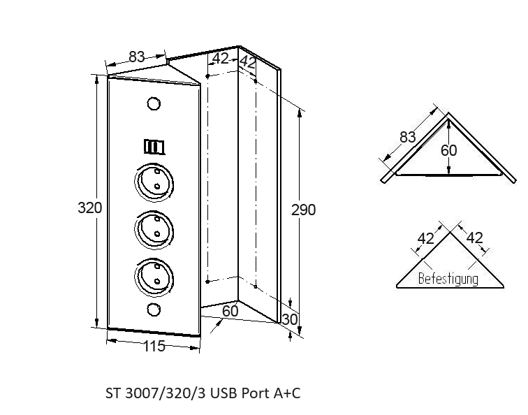 Ecksteckdose 3-fach mit USB A + C, edelstahlfarbig