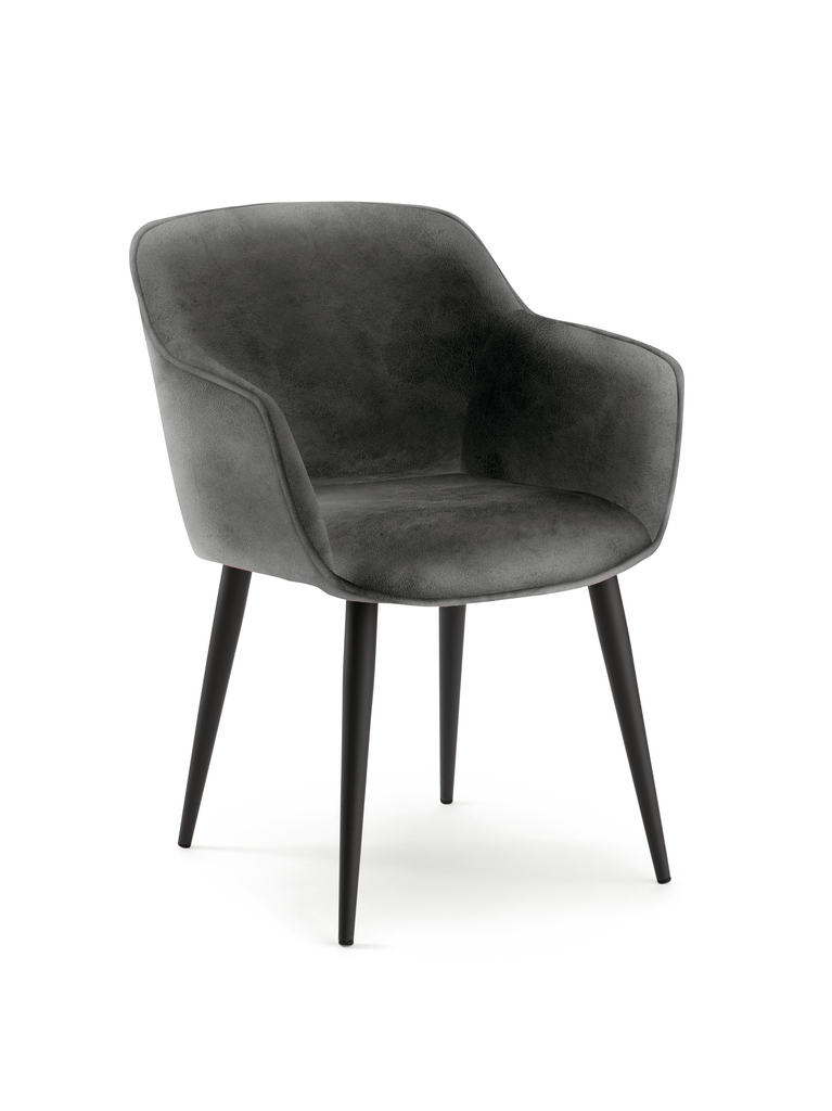 Grauer Stuhl mit Armlehne und schwarzen Füßen