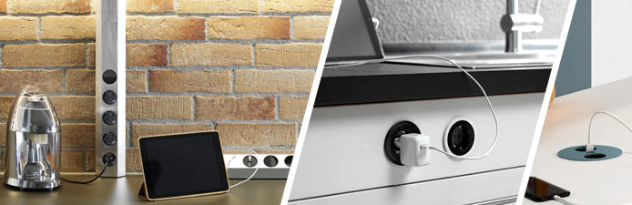 Drei Beispiel für Küchensteckdosen auf der Arbeitsplatte bzw. in der Front